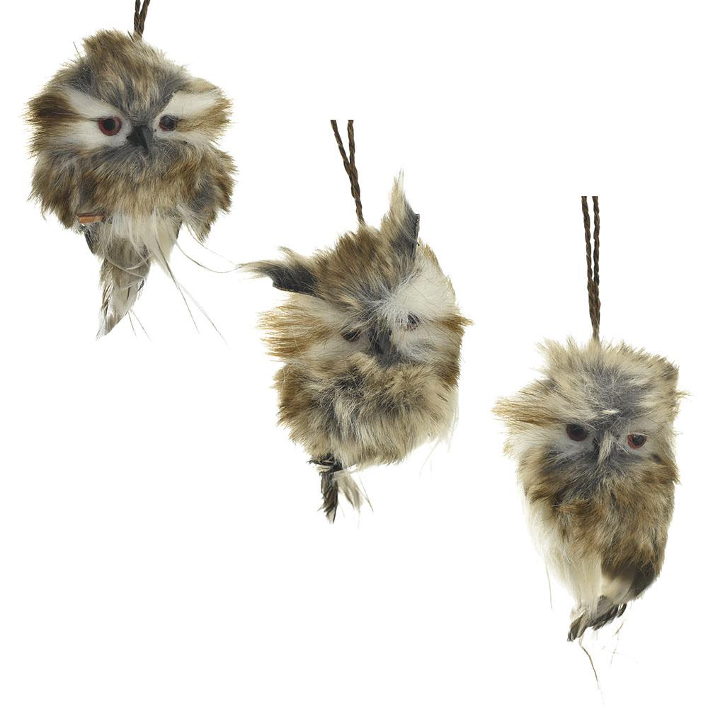 Furry Hanging Hoot Owl Christmas Ornaments, 4-Inch, 3-Piece