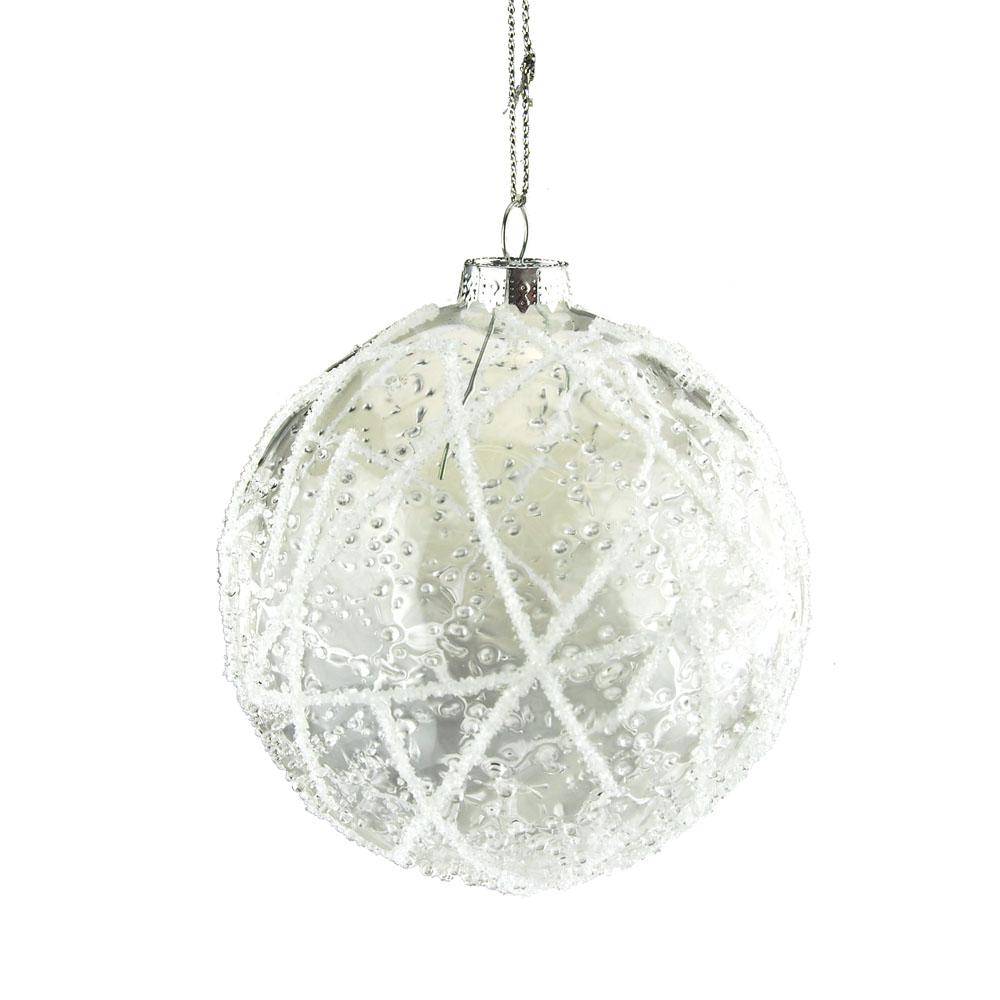 Christmas Clear Glass Ball With Icy White Beading, 4-Inch