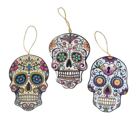 Wooden Skull Assorted Christmas Tree Ornaments, 6-Inch, 3-Piece