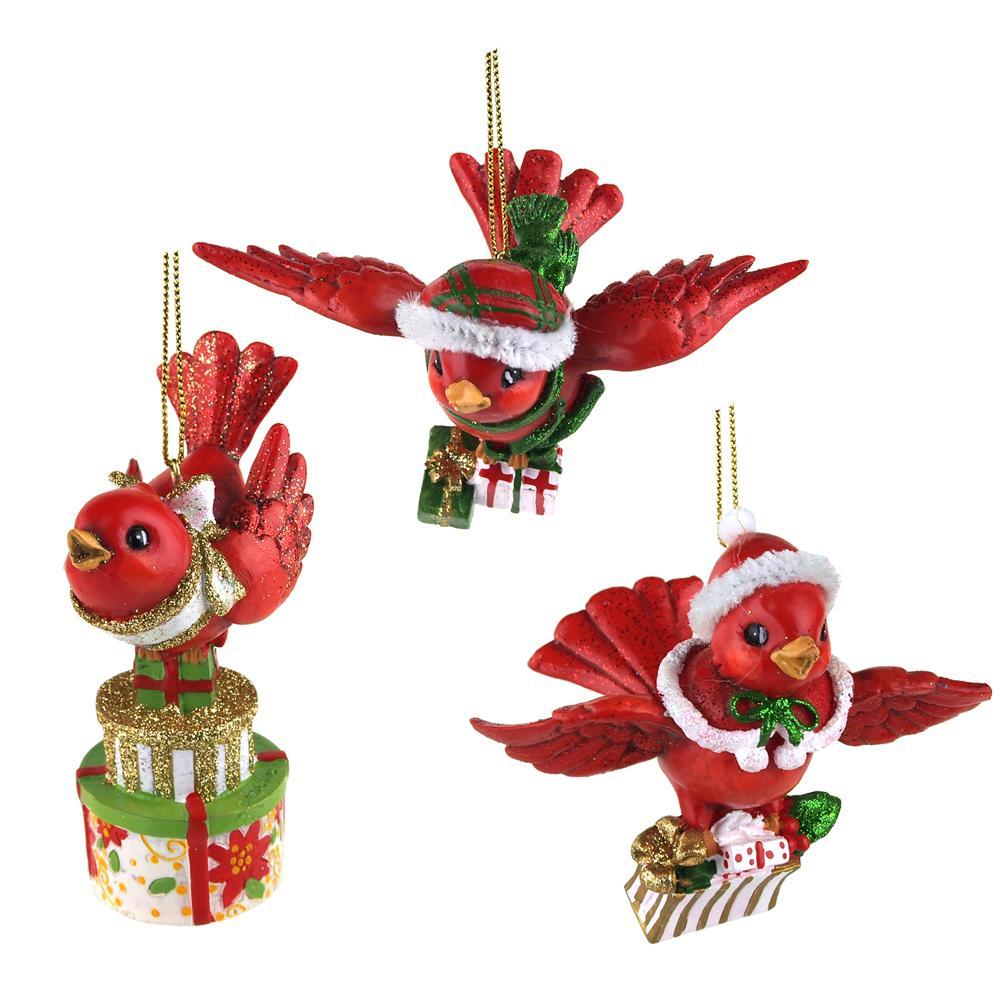 Flying Cardinal Bird Carrying Gifts Ornaments, Red, 3-1/2-Inch, 3-Piece