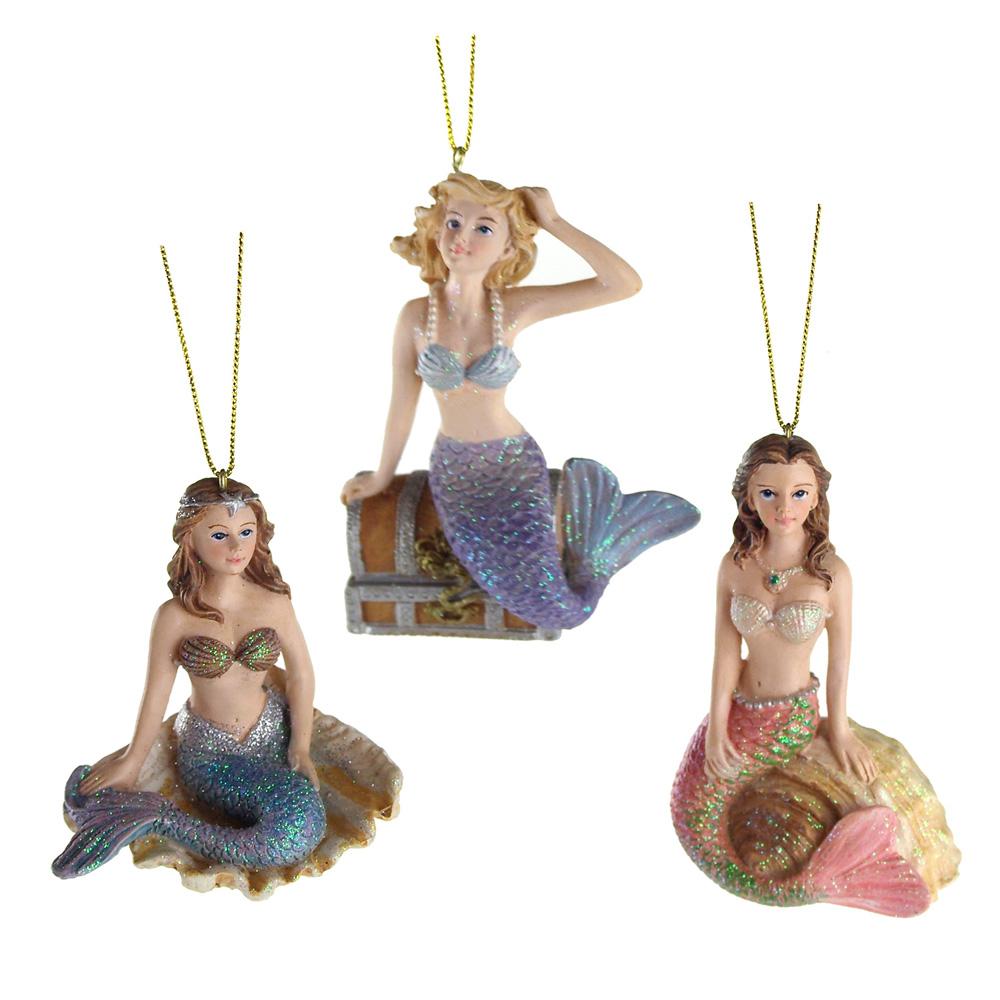 Sitting Mermaid Resin Ornaments, 3-3/4-Inch, 3-Piece