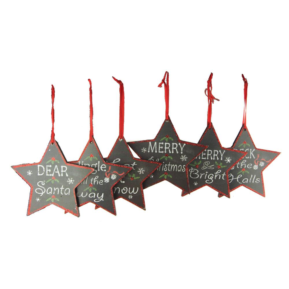 Wooden Chalkboard Christmas Star Ornaments, Black and Red, 4-1/2-Inch, 6-Piece