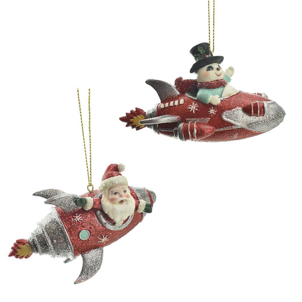 Rocket Santa & Snowman Resin Christmas Ornaments, Assorted Sizes, 2-Piece