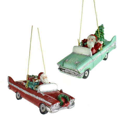 Mid Century Retro Santa Car Christmas Ornaments, 4-1/4-Inch, 2-Piece