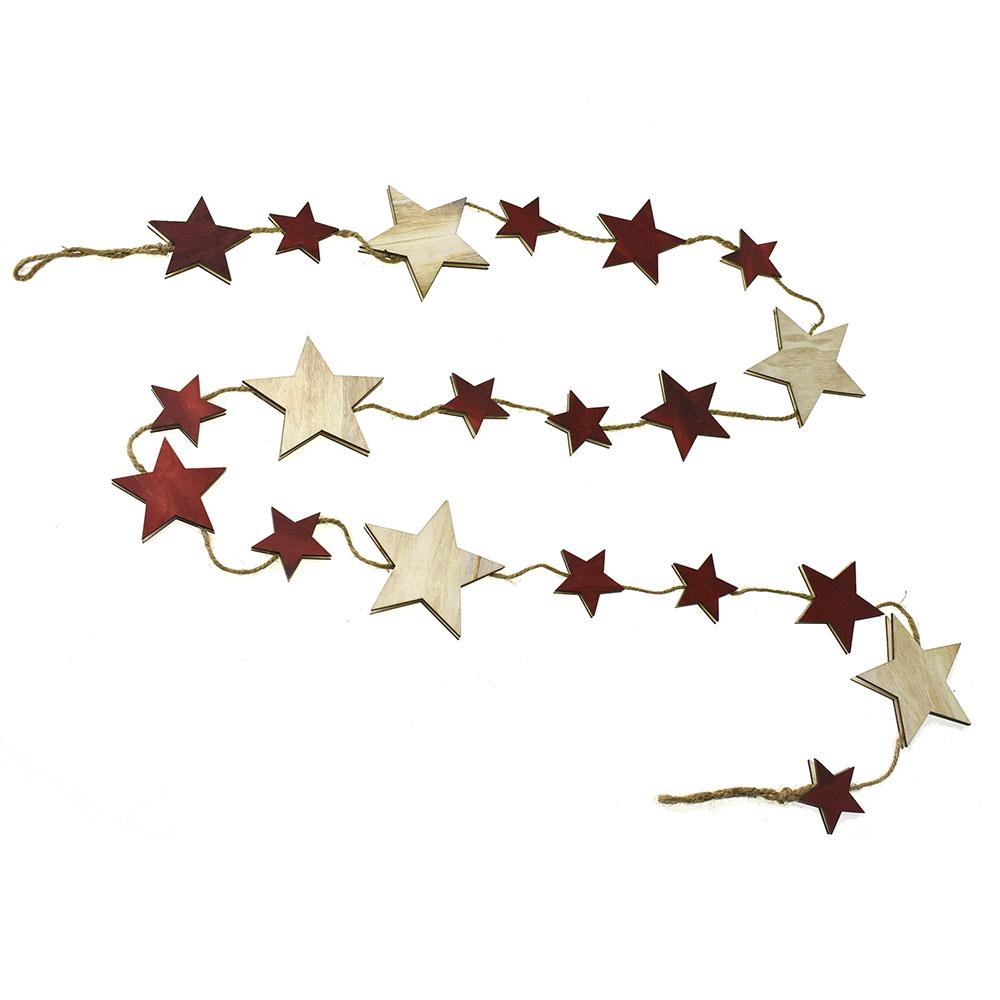 Wooden Red and White Star String Garland, 7-Feet