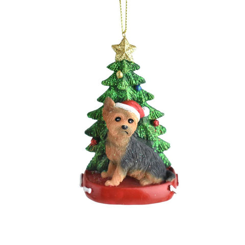 Santa Hat Yorkie with Christmas Tree Ornament, 4-1/4-Inch