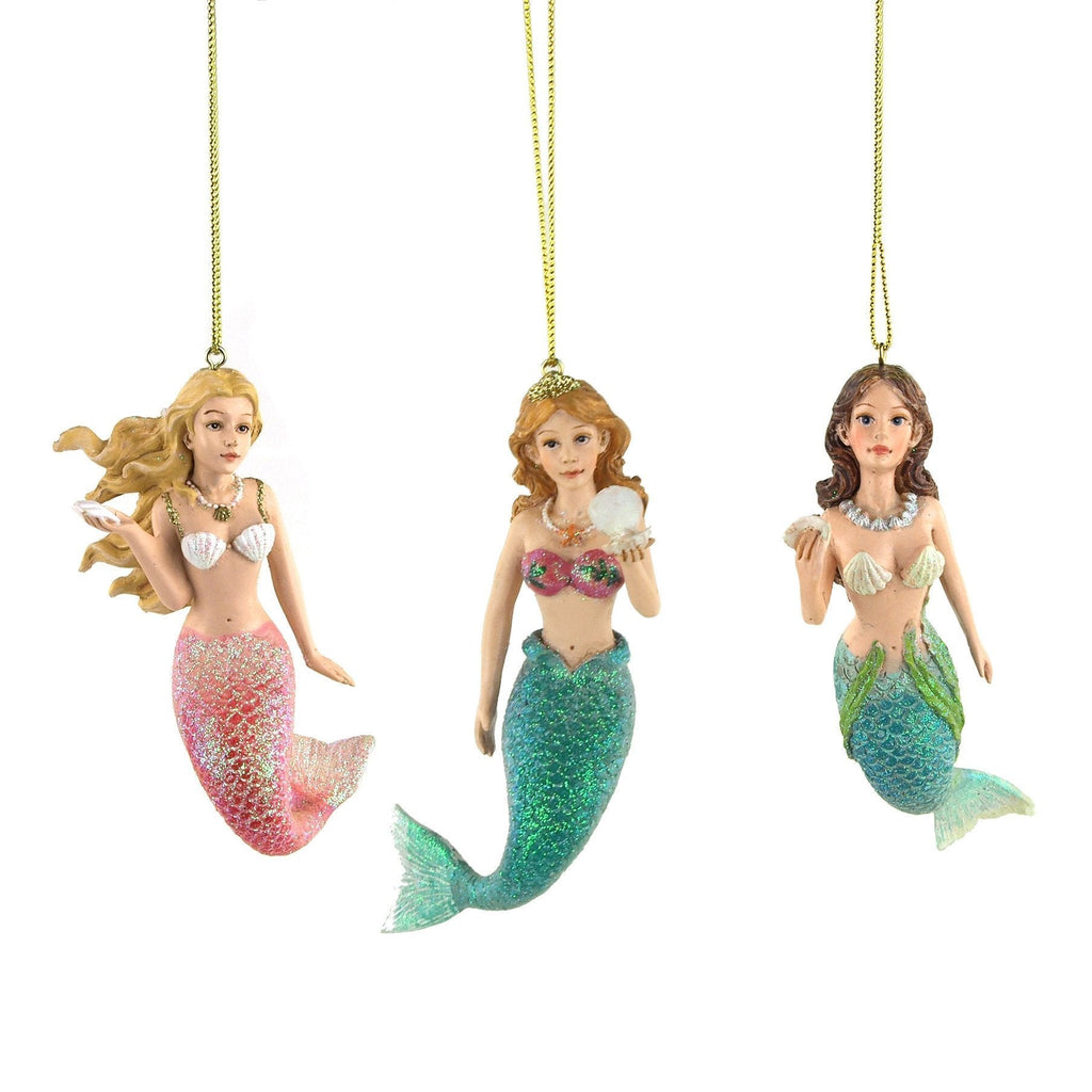 Ocean Mermaid Resin Christmas Ornaments, 4-1/2-Inch, 3-Piece