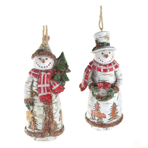 Birch Snowman Christmas Ornaments, White, 5-Inch, 2-Piece