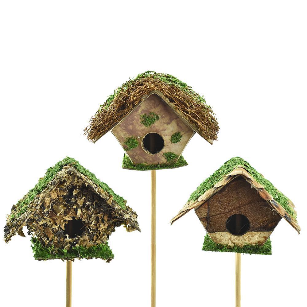 A-Shaped Mossy Mini Birdhouse Picks, 2-Inch, 3-Piece