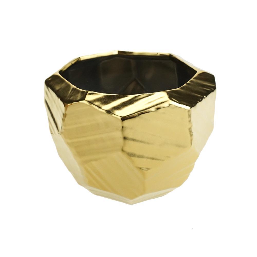 Round Polyhedron Ceramic Vase, Gold, 6-Inch