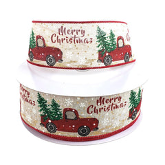 Red Truck with Tree "Merry Christmas" Linen Ribbon, 2-1/2-Inch, 50-Yard BULK