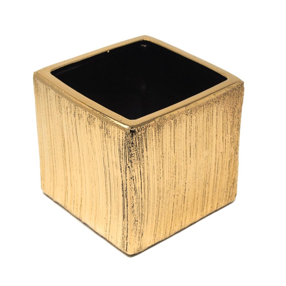 Scratched Square Cube Ceramic Floral Vase, Gold, 5-1/2-Inch x 5-1/2-Inch