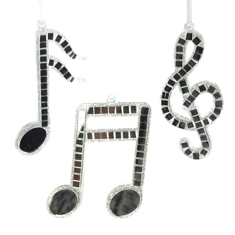 Hanging Glass Reflective Musical Notes Glitter Christmas Tree Ornaments, Silver, 5-Inch, 3-Piece
