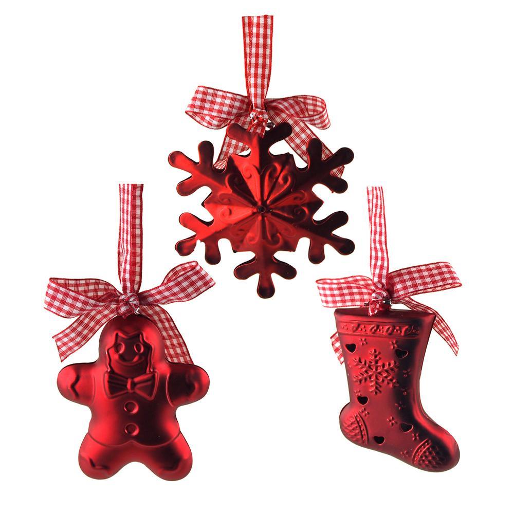 Gingerbread Snowflake Stocking Bell Hanging Plastic Ornaments, Red, 4-Inch, 3-Piece