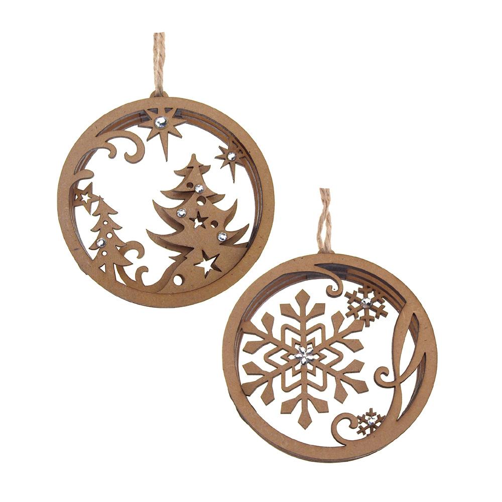 Snowflake Laser Cut Christmas Wooden Ornaments, Natural, 4-Inch, 2-Piece