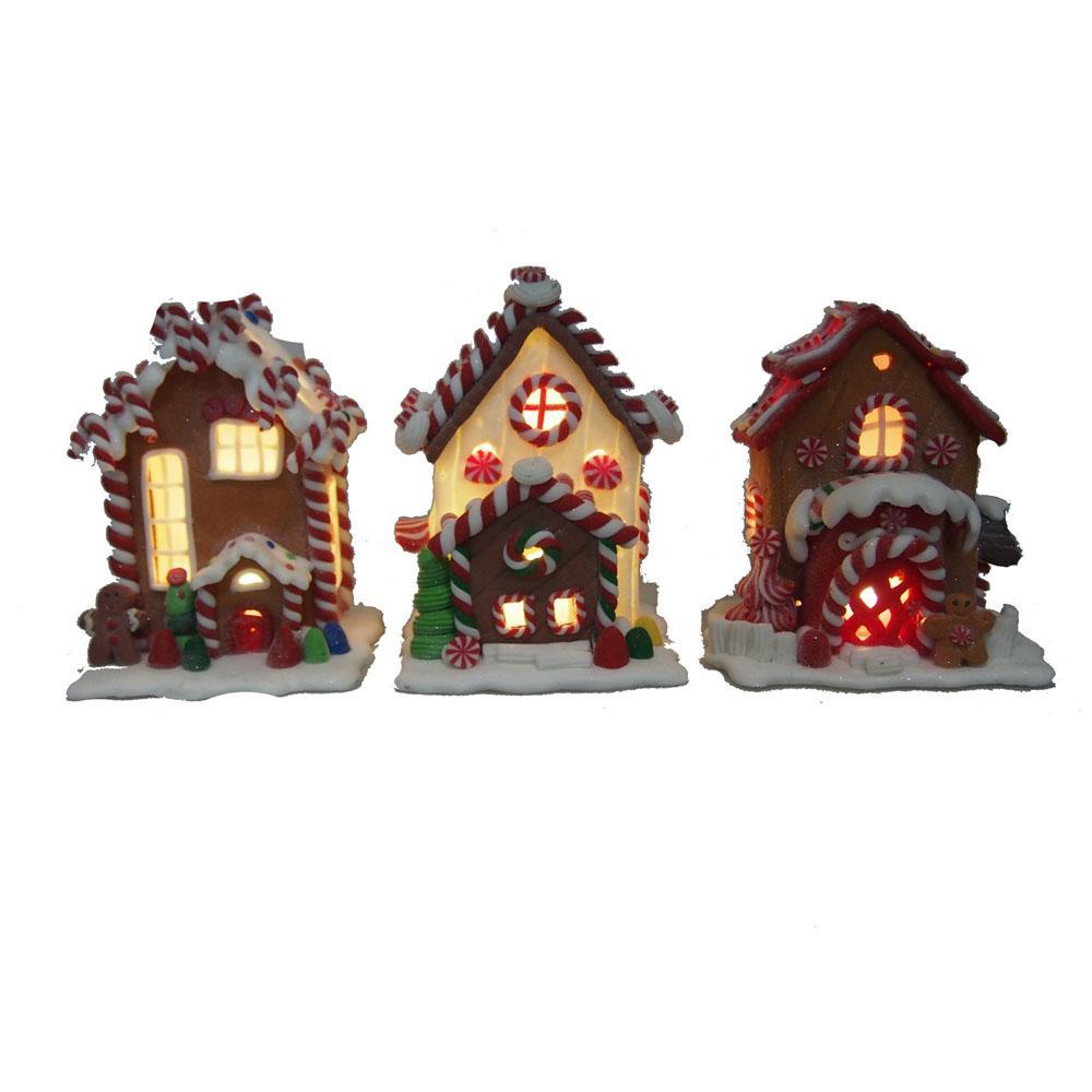 Gingerbread LED House Ornaments, Brown, 5-Inch, 3-Piece