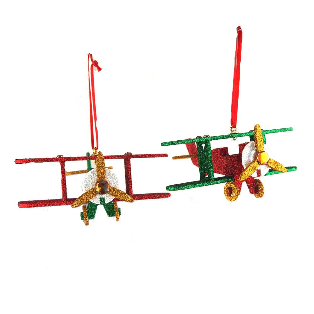 Wooden North Pole Plane Christmas Ornaments, 5-1/2-Inch, 2-Piece