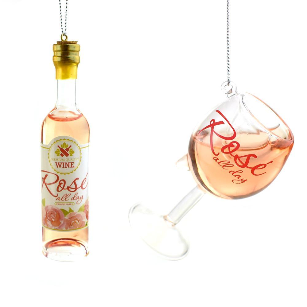 Rosé Wine Glass and Bottle Christmas Ornaments, 2-Piece