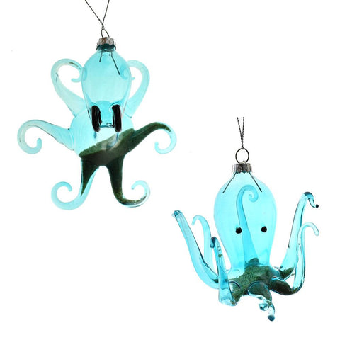 Sand Glass Octopus Christmas Ornaments, Blue, Assorted Sizes, 2-Piece