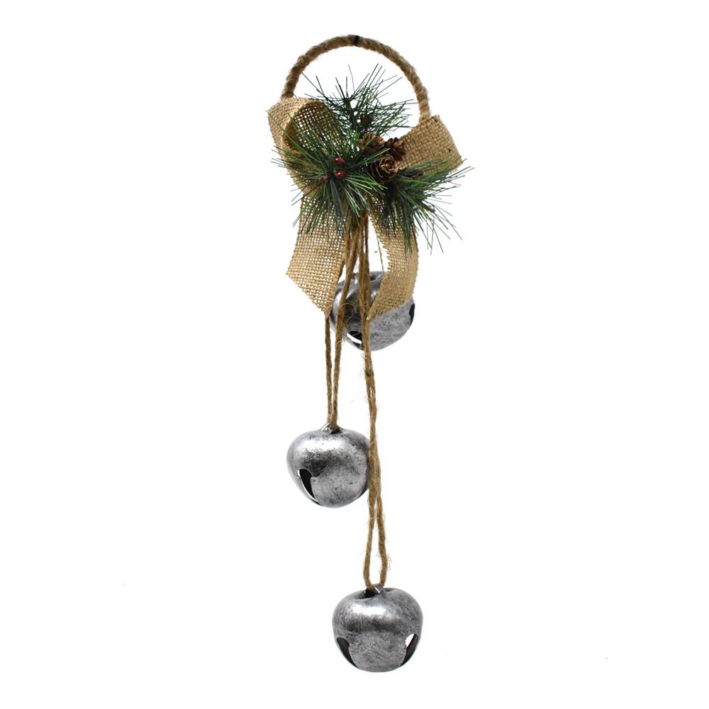 Metal Bells with Burlap Bow Door Hanging Christmas Ornament, Silver, 14-Inch