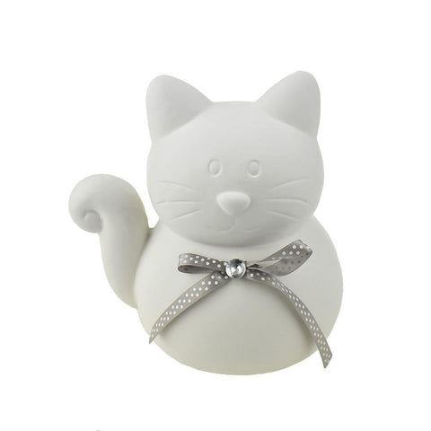 Ceramic Cat With Bow Tie Coin Bank, Matte White, 7-1/2-Inch