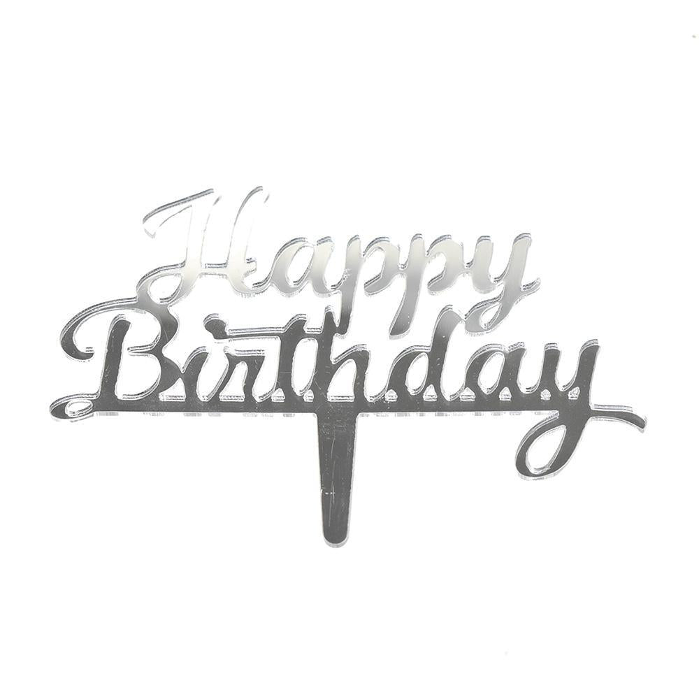 Happy Birthday Mirrored Acrylic Cake Topper, Silver, 4-Inch