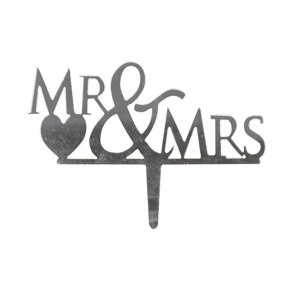 Mr. & Mrs. Mirrored Acrylic Cake Topper, Silver, 4-Inch