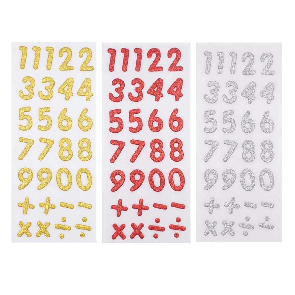 Glitter Number & Operation Stickers, Gold/Red/Silver, 1-Inch, 3-Packs