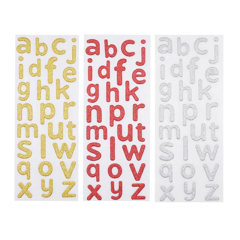 Glitter Alphabet Letter Lower Case Stickers, Gold/Red/Silver, 1-Inch, 3-Packs