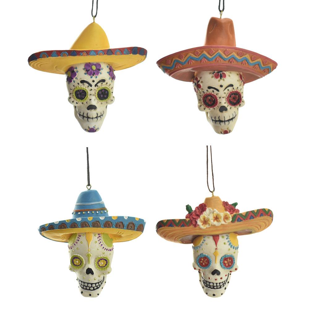 Resin Dia De Los Muertos Skull Ornaments, 3-1/2-Inch, 4-Piece