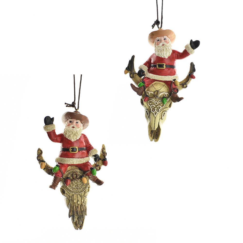 Western Santa On Cow Skull Ornaments, 4-1/2-Inch, 2-Piece