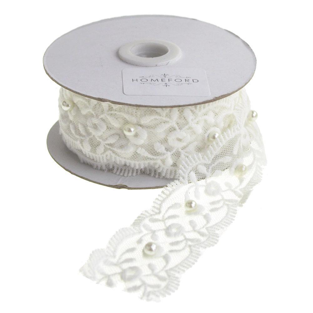 Leaves Lace Trim with Pearls Ribbon, White, 1-1/2-Inch, 5 Yards