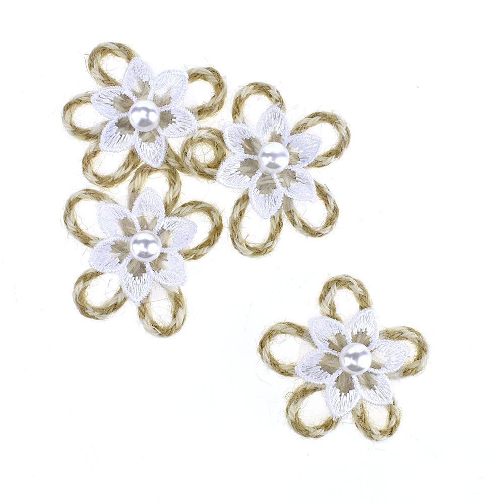 Mini Fabric Adhesive Flower & Pearl Embellishment, 2-1/4-Inch, 4-Count