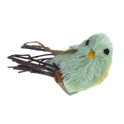 Hanging Straw Perched Bird Christmas Tree Ornament, Mint Green/Yellow, 2-Inch