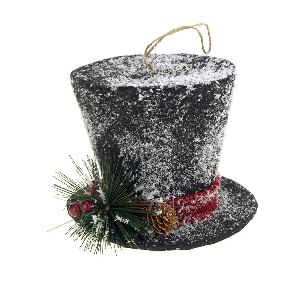 Black Hanging Top Hat with Snow Christmas Decoration, 5-Inch