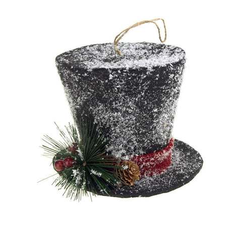 Black Hanging Top Hat with Snow Christmas Decoration, 5-Inch