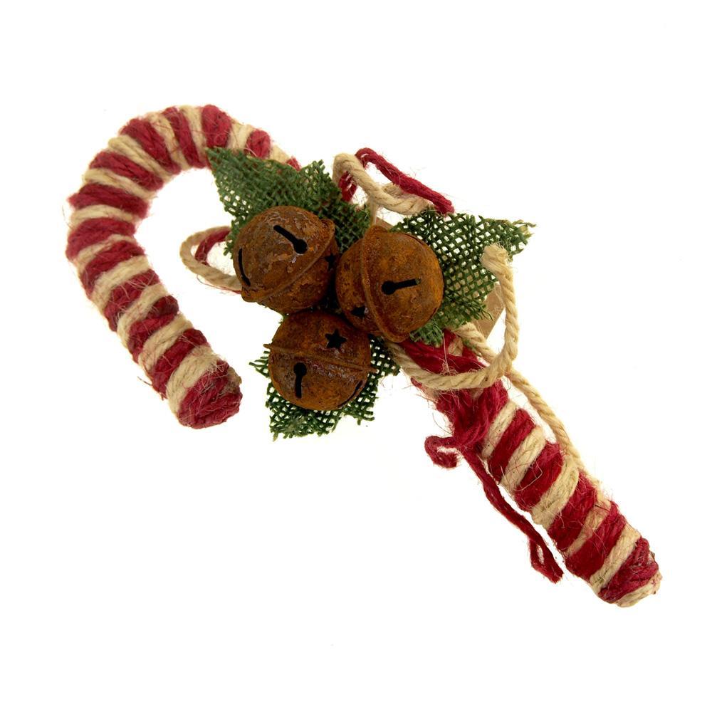 Small Jute Candy Cane with Rustic Jingle Bells Christmas Decoration, 7-1/2-Inch