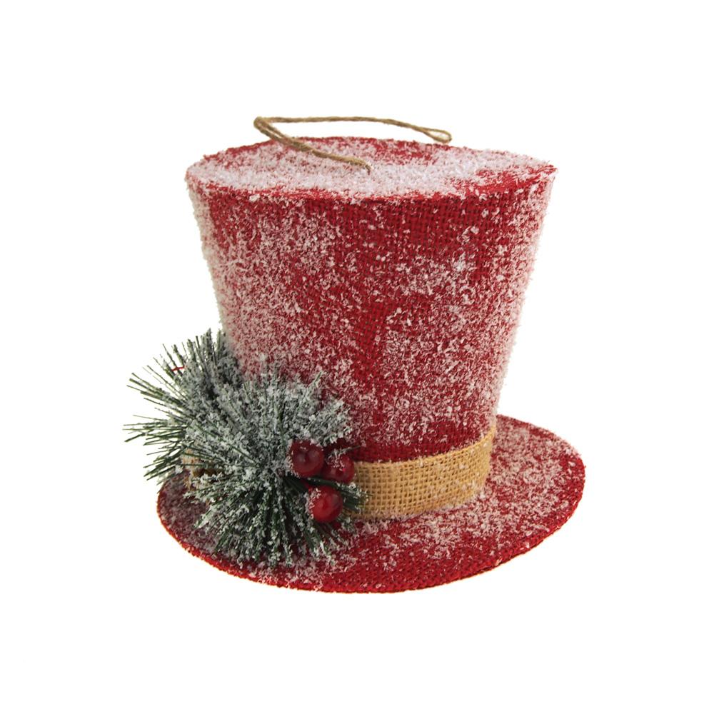 Red Hanging Burlap Top Hat with Snow Christmas Decoration, 5-Inch