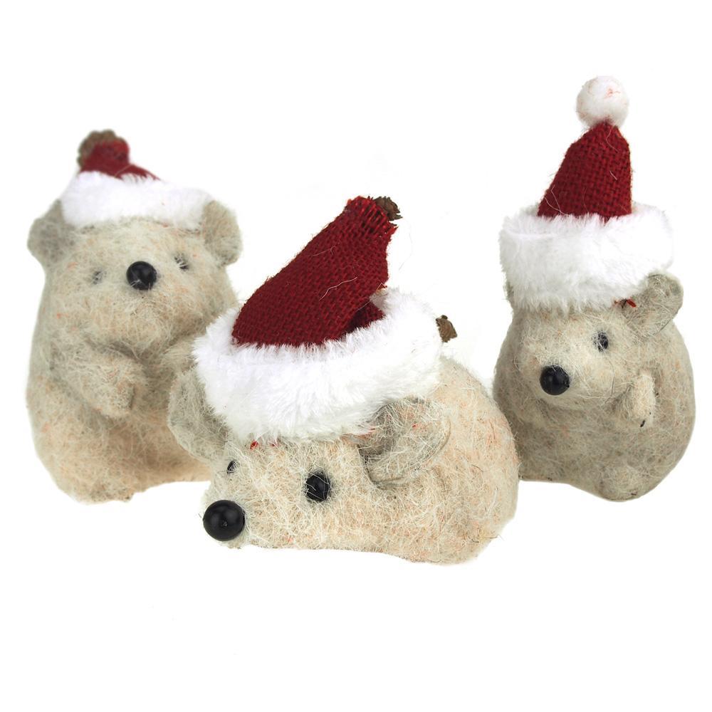 Small Bristle Mice with Santa Hat Christmas Decor, 3-Piece