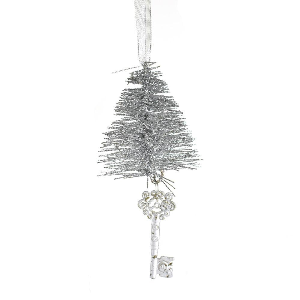 Glittered Bottle Brush Christmas Ornament with Key, Silver, 7-Inch
