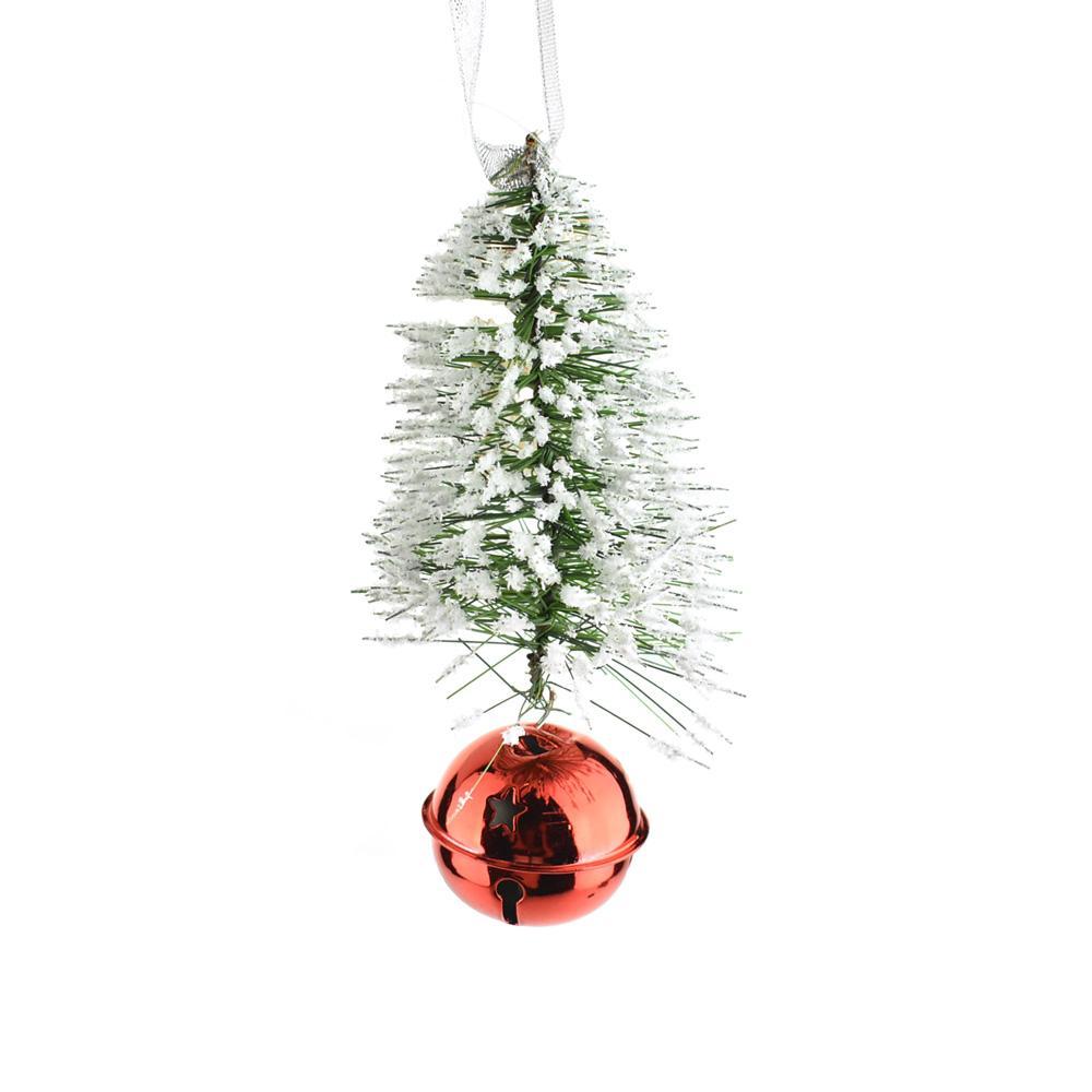 Snowy Bottle Brush Christmas Ornament with Red Bell, Green, 6-1/2-Inch