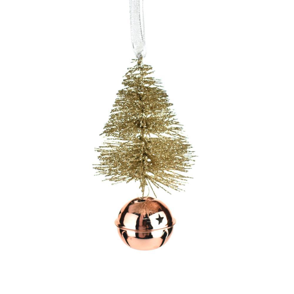Glittered Bottle Brush Christmas Ornament with Bell, Rose Gold, 6-Inch