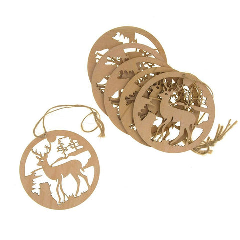 Hanging Laser-Cut Round Reindeer Christmas Tree Ornament, 3-Inch, 6-Piece