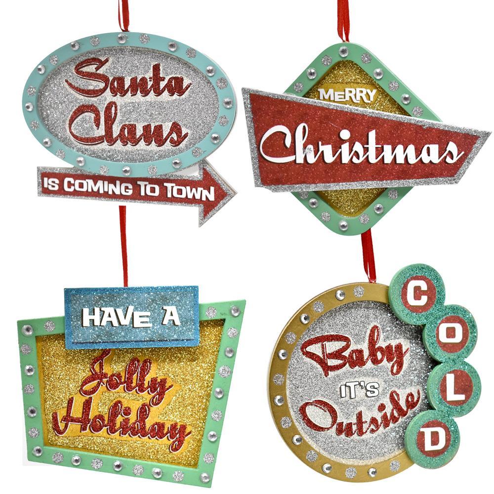 Hanging Mid-Century Glitter Signs Christmas Tree Ornaments, 4-Piece