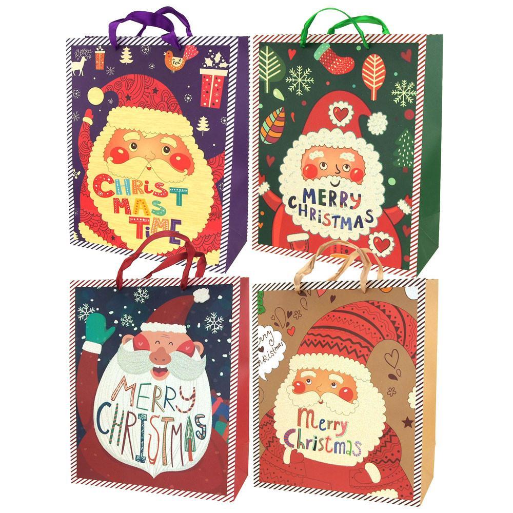 Christmas Santa Glitter Gift Bags, 12-1/2-Inch, 4-Piece