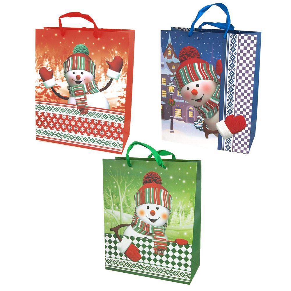 Christmas Snowman Glitter Gift Bags, 12-1/2-Inch, 3-Piece