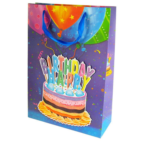 Glittered Happy Birthday Cake Candles Paper Gift Bags, 16-1/2-Inch
