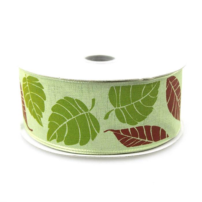 Leaves Poly Ribbon Wired Edge, 1-1/2-inch, 10-yard, Green