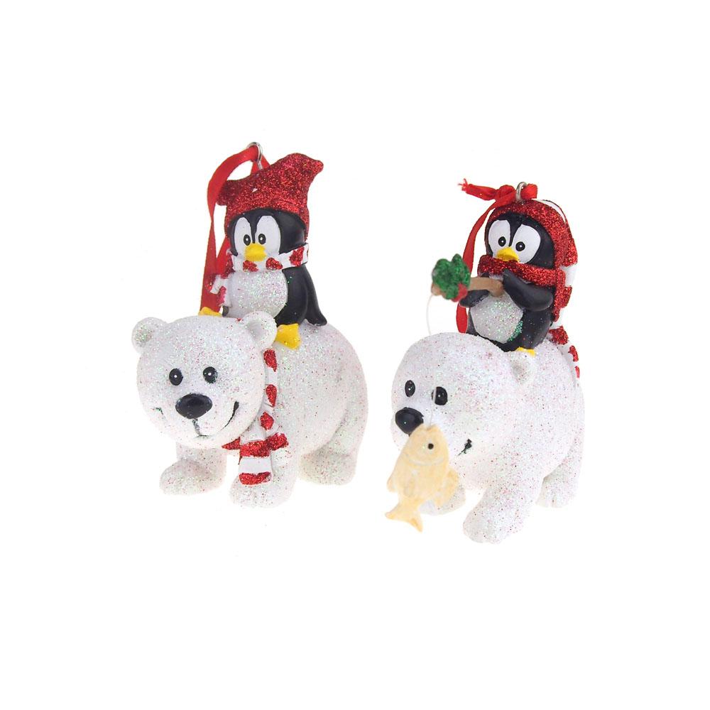 Christmas Glittered Ceramic Penguin and Polar Bear Holiday Ornaments, 4-Inch, 2-Piece