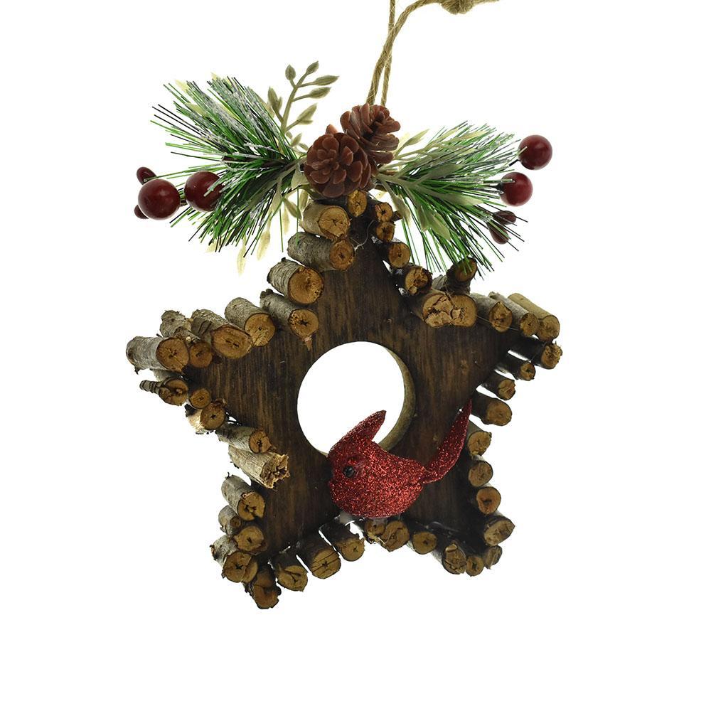 Wooden Star with Bird Ornament, Brown, 5-Inch